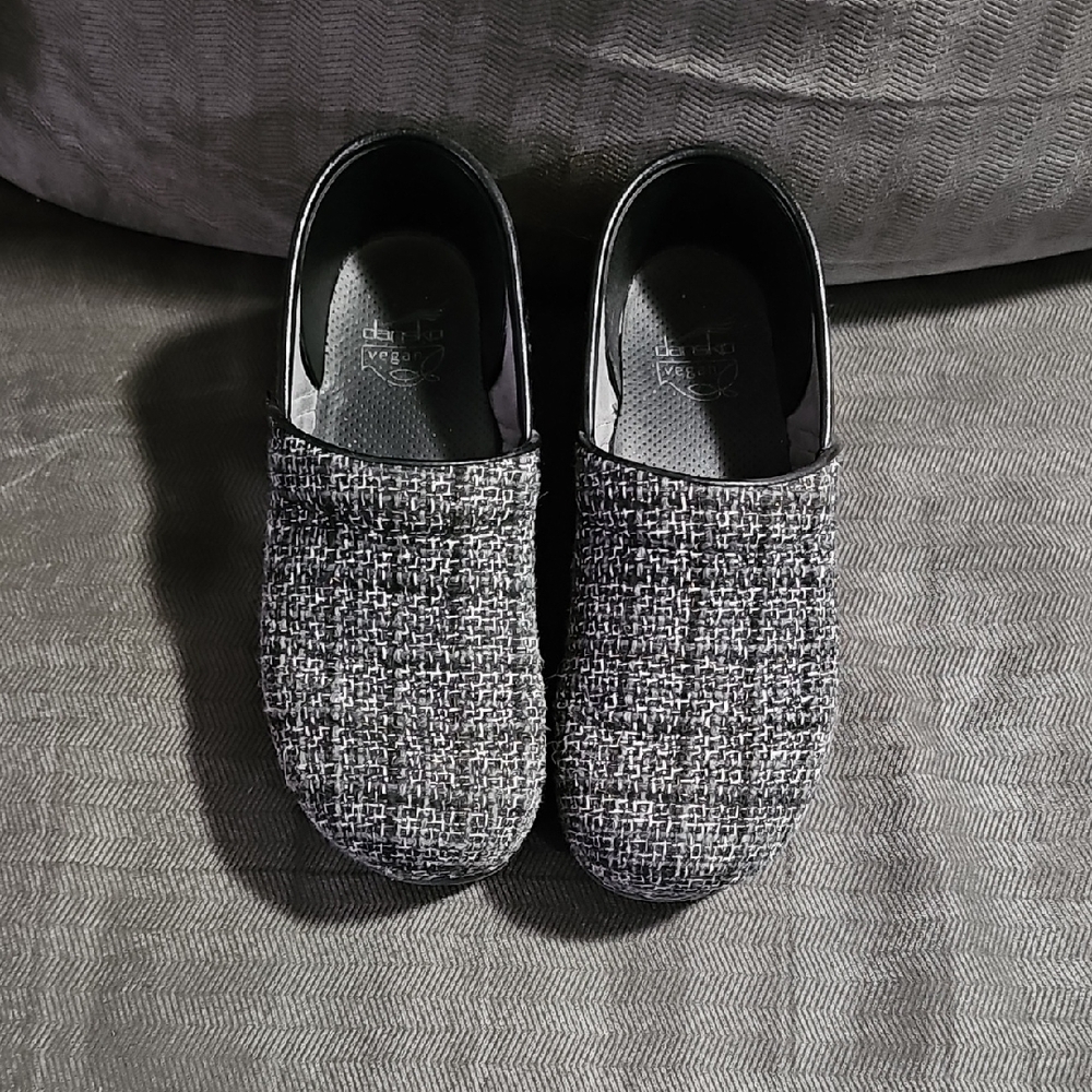 Dansko Black and White Tweed Clogs